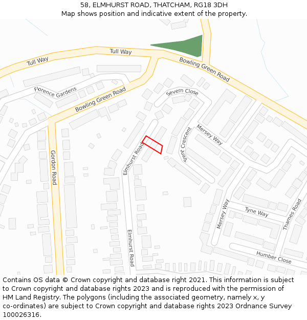 58, ELMHURST ROAD, THATCHAM, RG18 3DH: Location map and indicative extent of plot