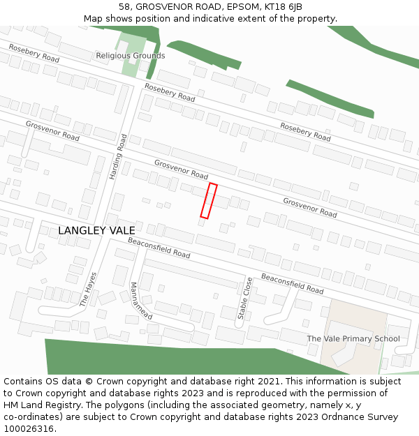 58, GROSVENOR ROAD, EPSOM, KT18 6JB: Location map and indicative extent of plot