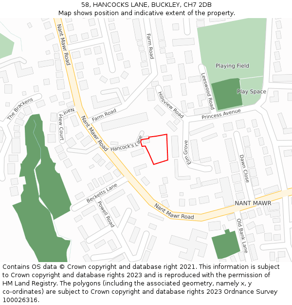 58, HANCOCKS LANE, BUCKLEY, CH7 2DB: Location map and indicative extent of plot