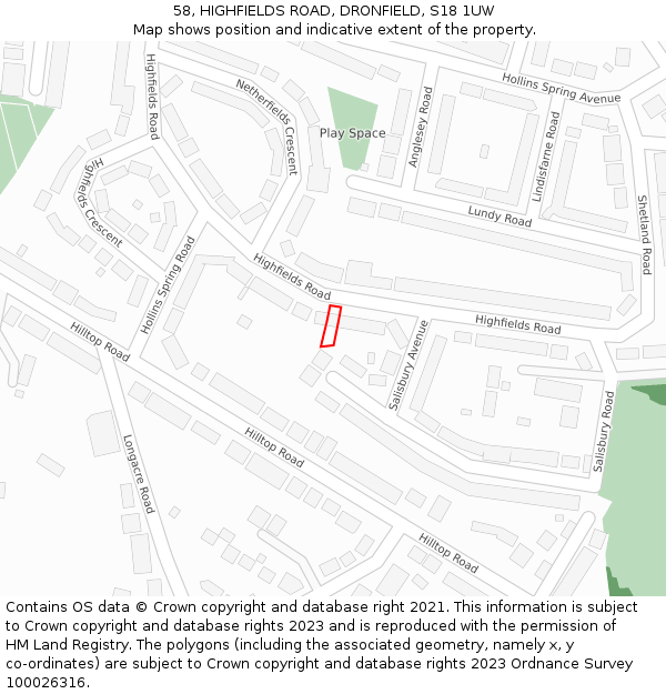 58, HIGHFIELDS ROAD, DRONFIELD, S18 1UW: Location map and indicative extent of plot