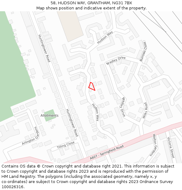 58, HUDSON WAY, GRANTHAM, NG31 7BX: Location map and indicative extent of plot