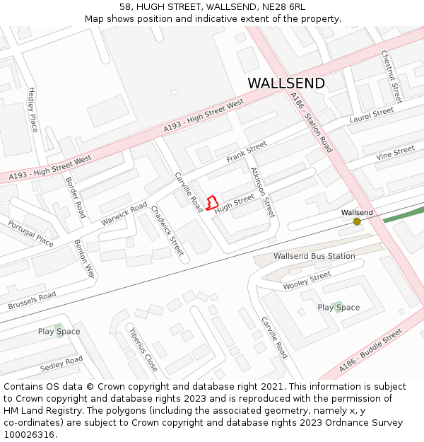 58, HUGH STREET, WALLSEND, NE28 6RL: Location map and indicative extent of plot