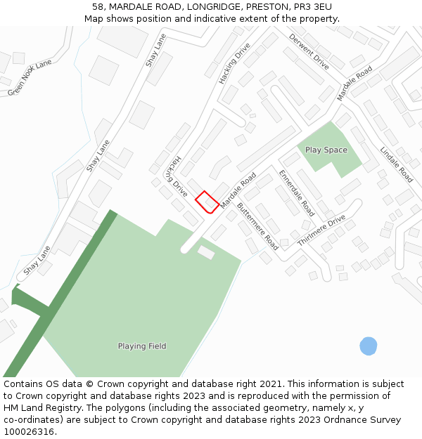 58, MARDALE ROAD, LONGRIDGE, PRESTON, PR3 3EU: Location map and indicative extent of plot