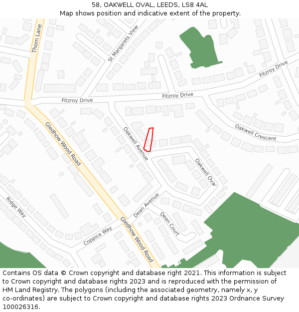 58, OAKWELL OVAL, LEEDS, LS8 4AL: Location map and indicative extent of plot