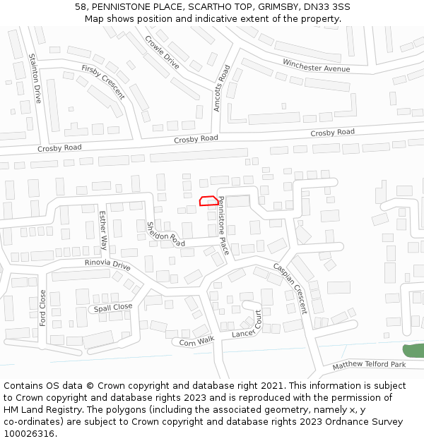 58, PENNISTONE PLACE, SCARTHO TOP, GRIMSBY, DN33 3SS: Location map and indicative extent of plot