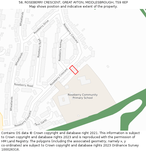 58, ROSEBERRY CRESCENT, GREAT AYTON, MIDDLESBROUGH, TS9 6EP: Location map and indicative extent of plot