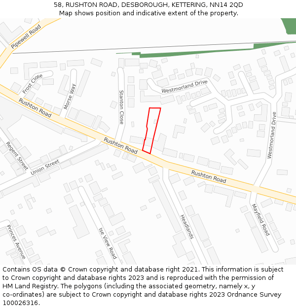 58, RUSHTON ROAD, DESBOROUGH, KETTERING, NN14 2QD: Location map and indicative extent of plot