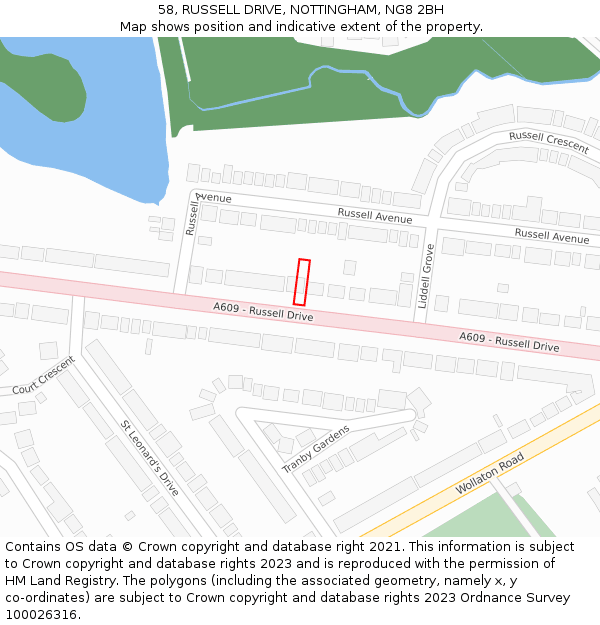 58, RUSSELL DRIVE, NOTTINGHAM, NG8 2BH: Location map and indicative extent of plot