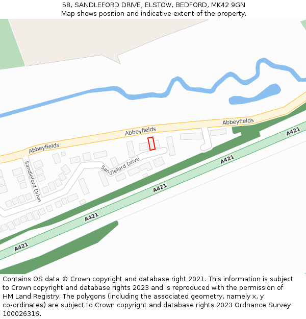 58, SANDLEFORD DRIVE, ELSTOW, BEDFORD, MK42 9GN: Location map and indicative extent of plot