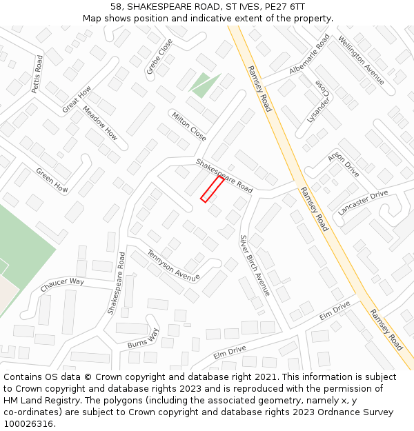 58, SHAKESPEARE ROAD, ST IVES, PE27 6TT: Location map and indicative extent of plot