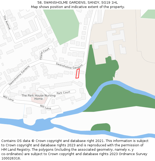 58, SWANSHOLME GARDENS, SANDY, SG19 1HL: Location map and indicative extent of plot