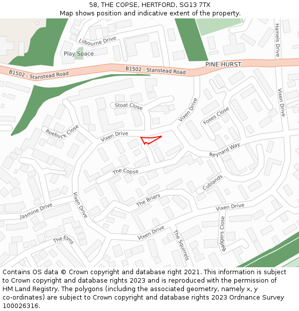 58, THE COPSE, HERTFORD, SG13 7TX: Location map and indicative extent of plot