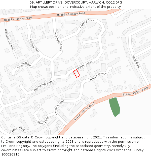 59, ARTILLERY DRIVE, DOVERCOURT, HARWICH, CO12 5FG: Location map and indicative extent of plot