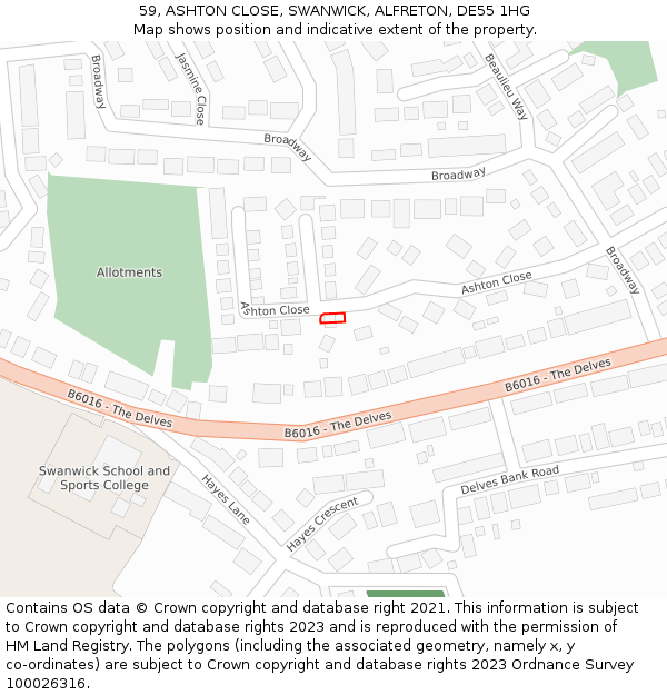 59, ASHTON CLOSE, SWANWICK, ALFRETON, DE55 1HG: Location map and indicative extent of plot