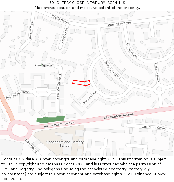 59, CHERRY CLOSE, NEWBURY, RG14 1LS: Location map and indicative extent of plot