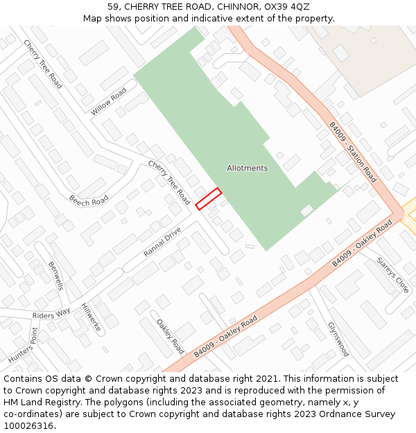 59, CHERRY TREE ROAD, CHINNOR, OX39 4QZ: Location map and indicative extent of plot