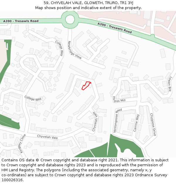 59, CHYVELAH VALE, GLOWETH, TRURO, TR1 3YJ: Location map and indicative extent of plot