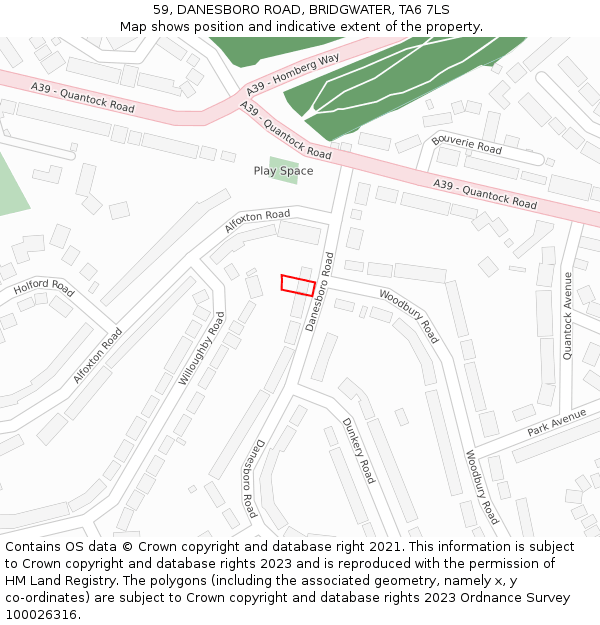 59, DANESBORO ROAD, BRIDGWATER, TA6 7LS: Location map and indicative extent of plot