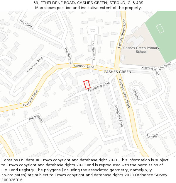 59, ETHELDENE ROAD, CASHES GREEN, STROUD, GL5 4RS: Location map and indicative extent of plot