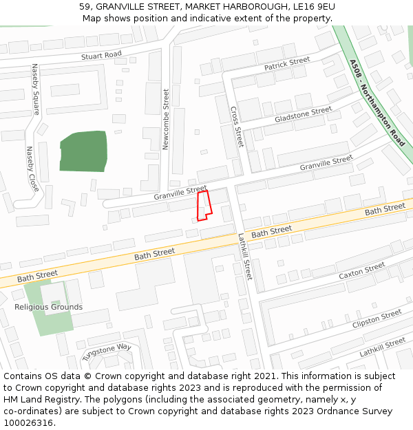 59, GRANVILLE STREET, MARKET HARBOROUGH, LE16 9EU: Location map and indicative extent of plot