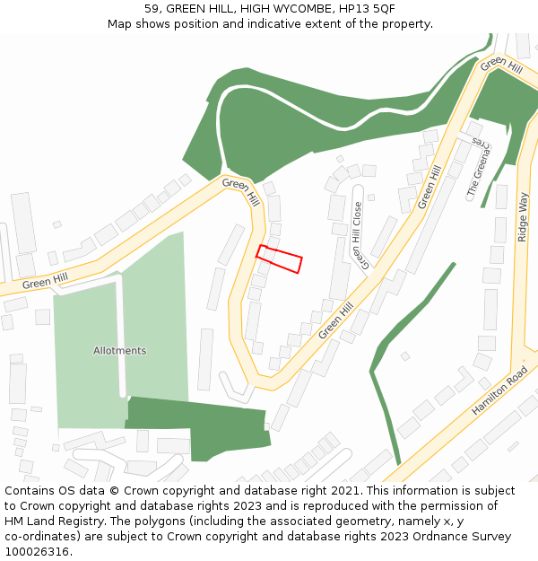 59, GREEN HILL, HIGH WYCOMBE, HP13 5QF: Location map and indicative extent of plot