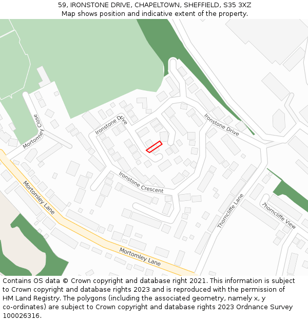 59, IRONSTONE DRIVE, CHAPELTOWN, SHEFFIELD, S35 3XZ: Location map and indicative extent of plot