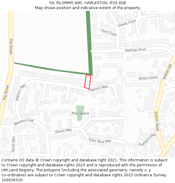 59, PILGRIMS WAY, HARLESTON, IP20 9QE: Location map and indicative extent of plot
