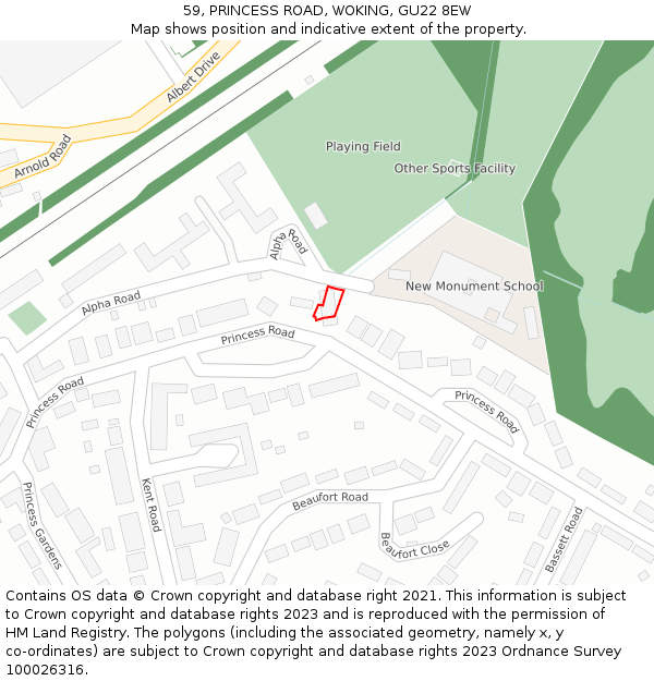 59, PRINCESS ROAD, WOKING, GU22 8EW: Location map and indicative extent of plot