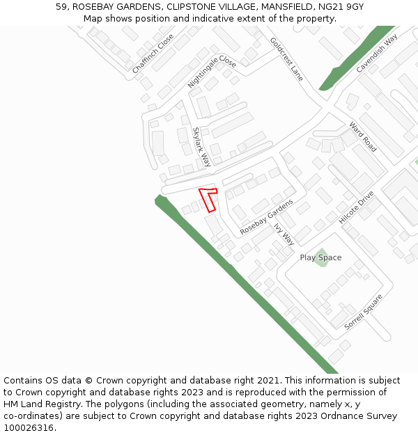 59, ROSEBAY GARDENS, CLIPSTONE VILLAGE, MANSFIELD, NG21 9GY: Location map and indicative extent of plot