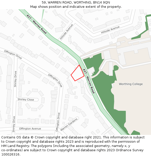 59, WARREN ROAD, WORTHING, BN14 9QN: Location map and indicative extent of plot