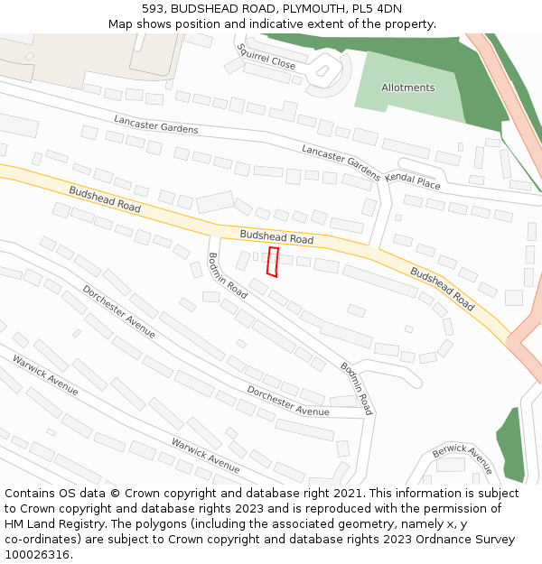 593, BUDSHEAD ROAD, PLYMOUTH, PL5 4DN: Location map and indicative extent of plot