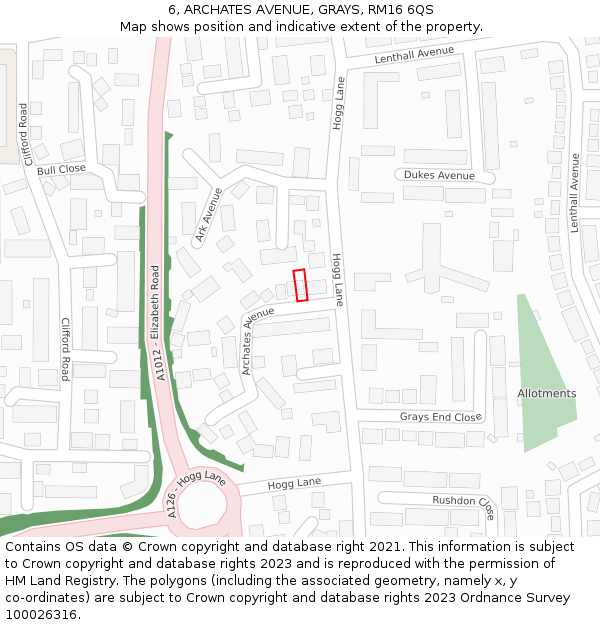 6, ARCHATES AVENUE, GRAYS, RM16 6QS: Location map and indicative extent of plot