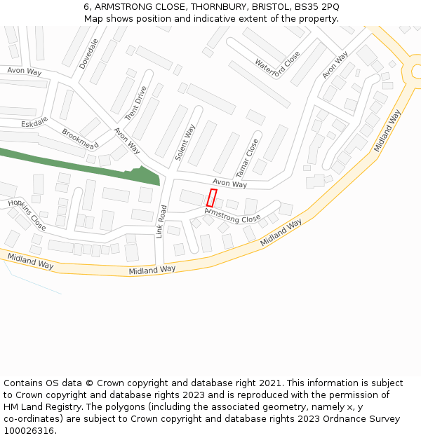 6, ARMSTRONG CLOSE, THORNBURY, BRISTOL, BS35 2PQ: Location map and indicative extent of plot