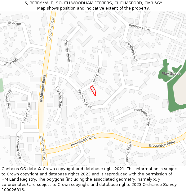 6, BERRY VALE, SOUTH WOODHAM FERRERS, CHELMSFORD, CM3 5GY: Location map and indicative extent of plot