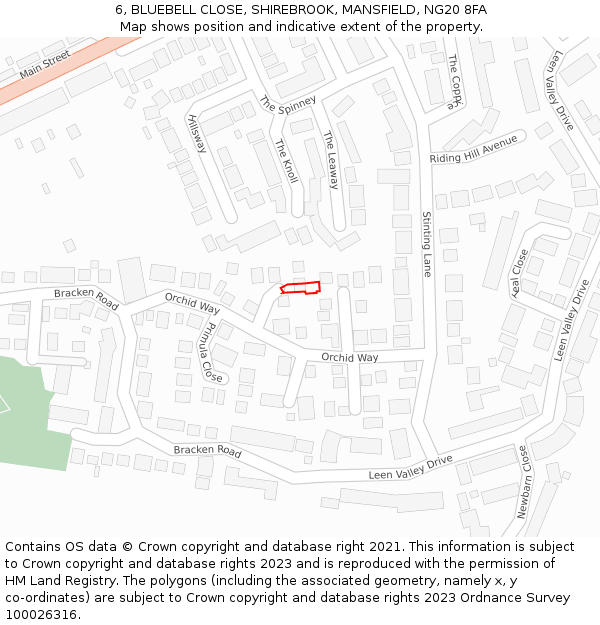 6, BLUEBELL CLOSE, SHIREBROOK, MANSFIELD, NG20 8FA: Location map and indicative extent of plot