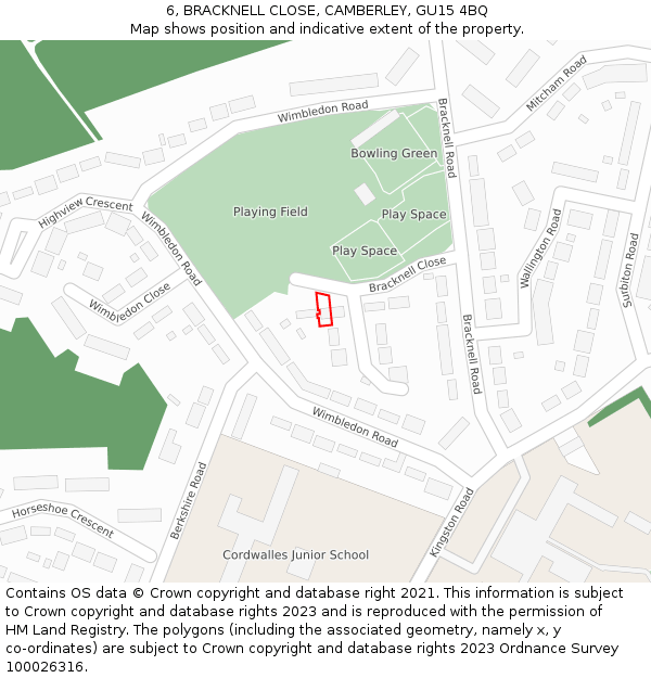 6, BRACKNELL CLOSE, CAMBERLEY, GU15 4BQ: Location map and indicative extent of plot