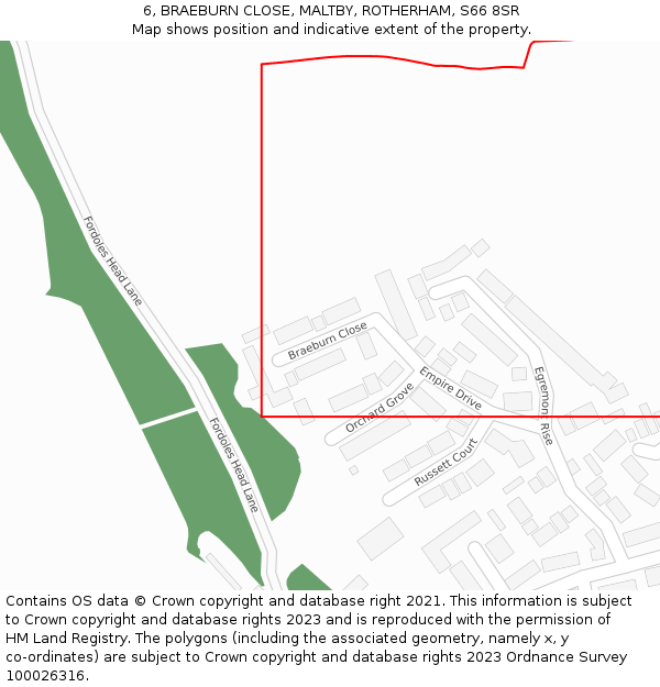 6, BRAEBURN CLOSE, MALTBY, ROTHERHAM, S66 8SR: Location map and indicative extent of plot