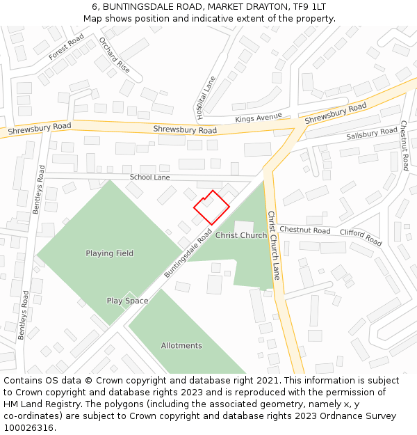 6, BUNTINGSDALE ROAD, MARKET DRAYTON, TF9 1LT: Location map and indicative extent of plot