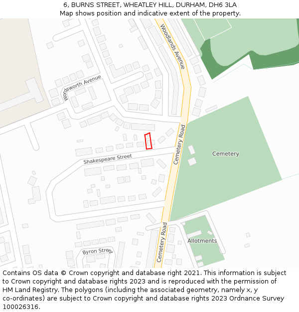 6, BURNS STREET, WHEATLEY HILL, DURHAM, DH6 3LA: Location map and indicative extent of plot