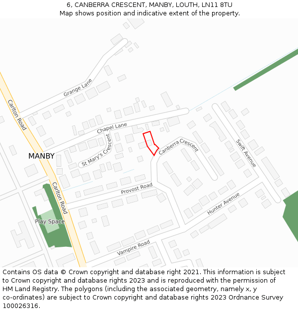 6, CANBERRA CRESCENT, MANBY, LOUTH, LN11 8TU: Location map and indicative extent of plot