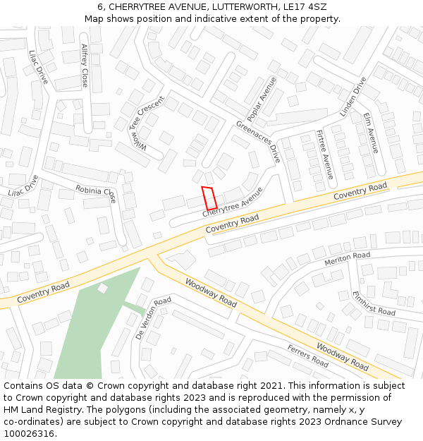 6, CHERRYTREE AVENUE, LUTTERWORTH, LE17 4SZ: Location map and indicative extent of plot