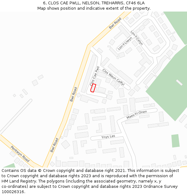 6, CLOS CAE PWLL, NELSON, TREHARRIS, CF46 6LA: Location map and indicative extent of plot