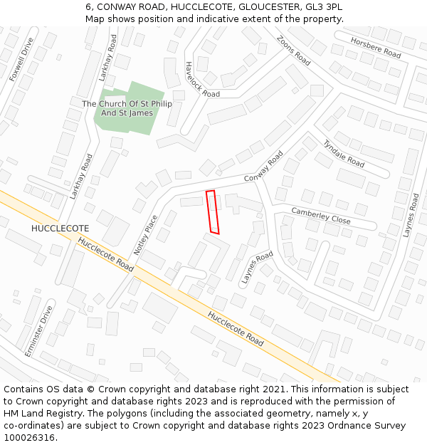 6, CONWAY ROAD, HUCCLECOTE, GLOUCESTER, GL3 3PL: Location map and indicative extent of plot