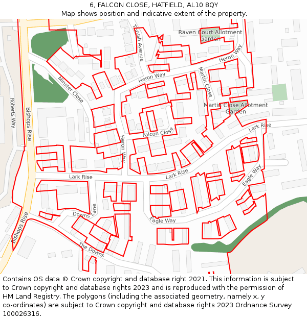 6, FALCON CLOSE, HATFIELD, AL10 8QY: Location map and indicative extent of plot