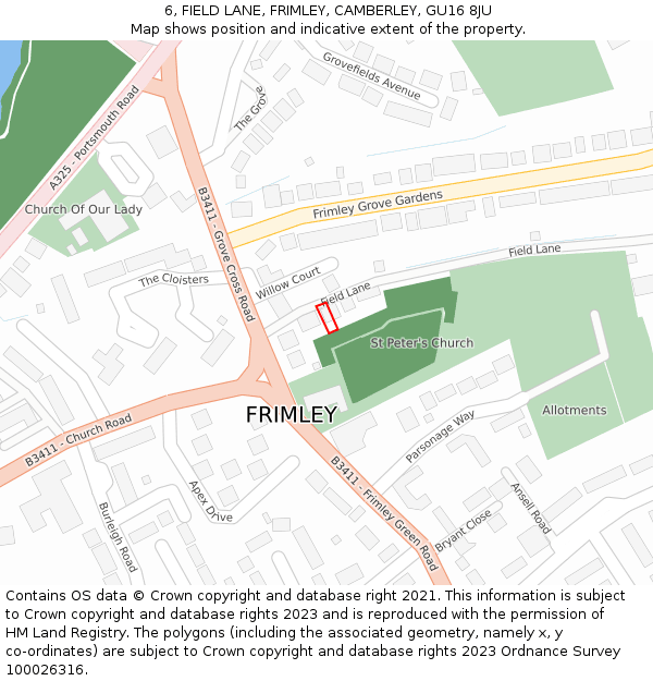 6, FIELD LANE, FRIMLEY, CAMBERLEY, GU16 8JU: Location map and indicative extent of plot
