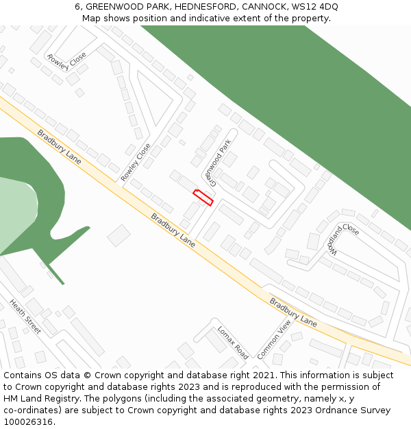 6, GREENWOOD PARK, HEDNESFORD, CANNOCK, WS12 4DQ: Location map and indicative extent of plot