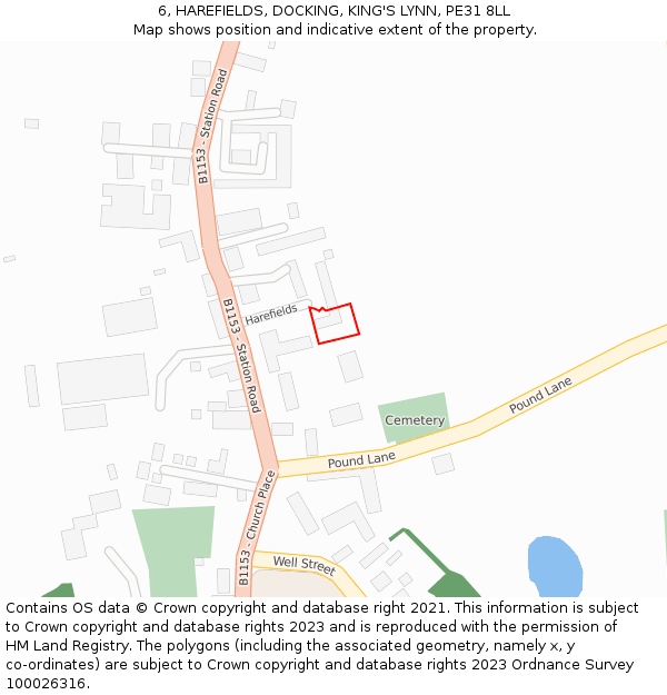 6, HAREFIELDS, DOCKING, KING'S LYNN, PE31 8LL: Location map and indicative extent of plot