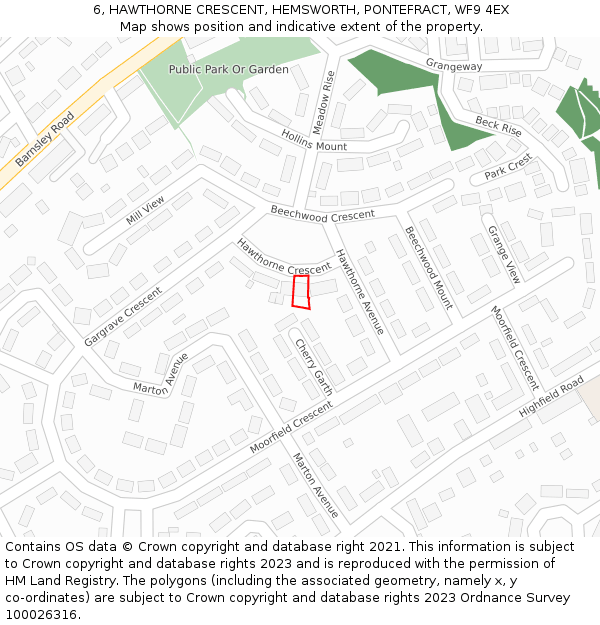 6, HAWTHORNE CRESCENT, HEMSWORTH, PONTEFRACT, WF9 4EX: Location map and indicative extent of plot