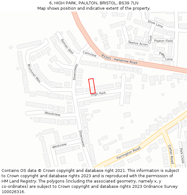 6, HIGH PARK, PAULTON, BRISTOL, BS39 7LN: Location map and indicative extent of plot