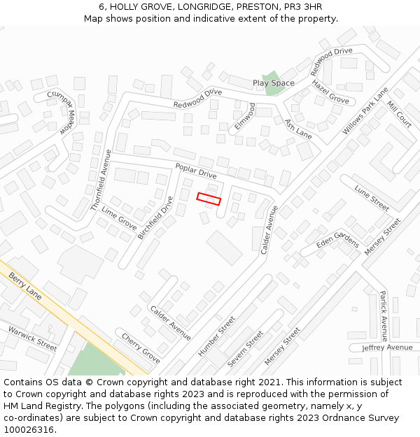 6, HOLLY GROVE, LONGRIDGE, PRESTON, PR3 3HR: Location map and indicative extent of plot